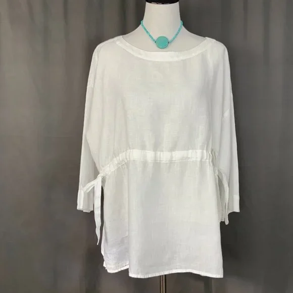 Eileen Fisher Handkerchief Linen Drawstring 3/4 Sleeves Top White Sz L - Picture 3 of 16